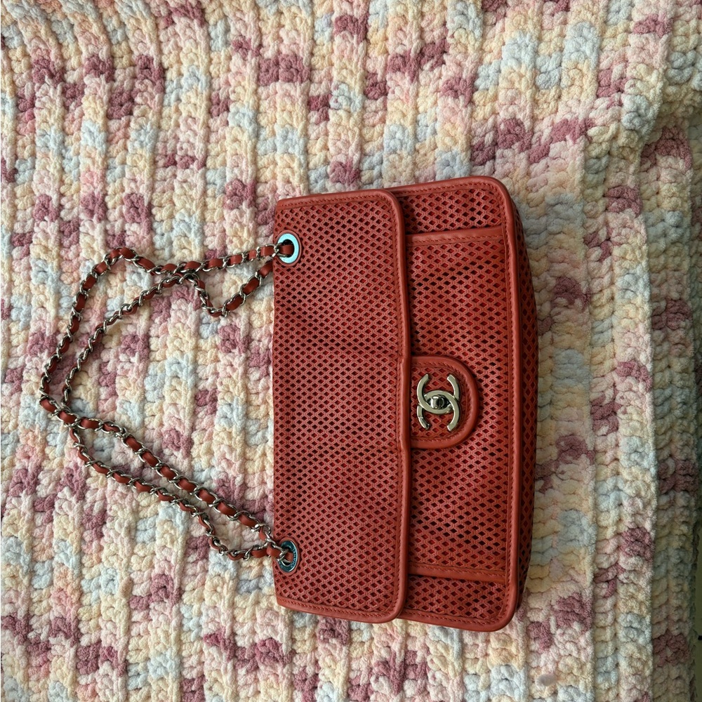 Chanel Red Perforated Leather Shoulder Bag